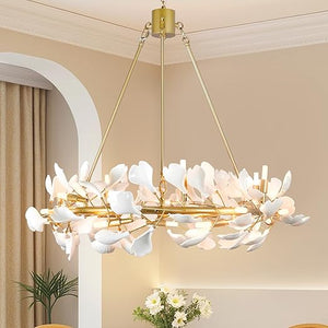 28-Light Ceramic Ginkgo Leaf Branch Chandelier – 35.5" Round Modern Pendant Light