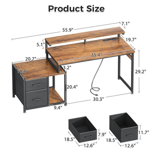 56-Inch Computer Desk with Printer Shelf, Drawers & USB Power Outlet
