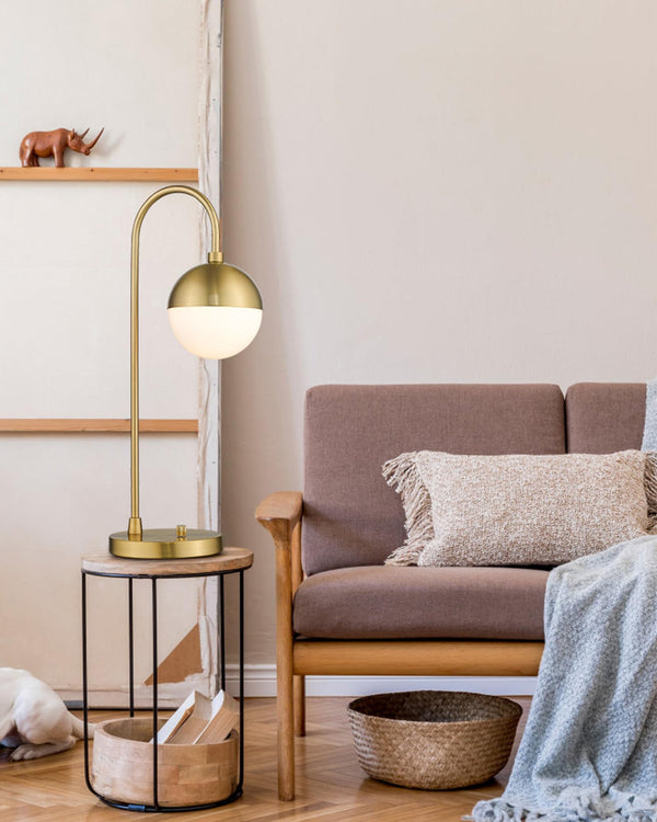 Modern Gold Table Lamp with White Glass Globe – Dimmable