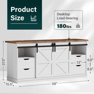 58" Farmhouse TV Stand with Barn Doors & 4 Drawers