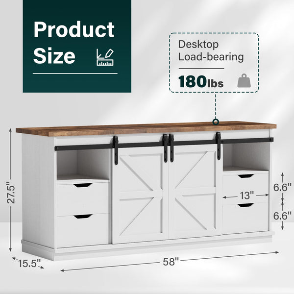 58" Farmhouse TV Stand with Barn Doors & 4 Drawers