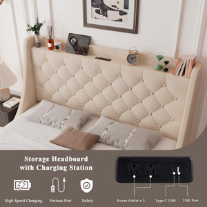 Upholstered Bed Frame with Storage Drawers & Charging Station
