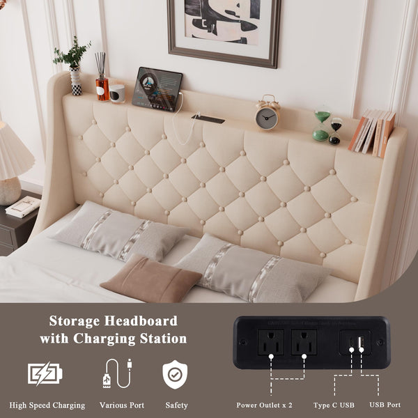 Upholstered Bed Frame with Storage Drawers & Charging Station