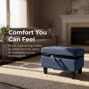 Storage Ottoman Bench – Dark Blue Linen, Solid Wood Frame