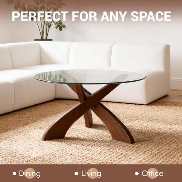 30.7" Round Glass Coffee Table with Walnut Wood X-Base