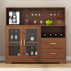 Wine Bar Cabinet with LED Light & Glass Doors