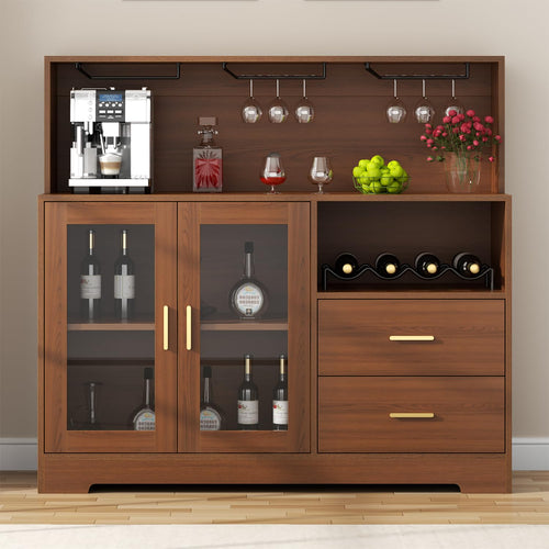 Wine Bar Cabinet with LED Light & Glass Doors
