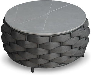 Round Woven Rope Outdoor Coffee Table with Sintered Stone Top