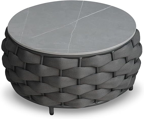 Round Woven Rope Outdoor Coffee Table with Sintered Stone Top