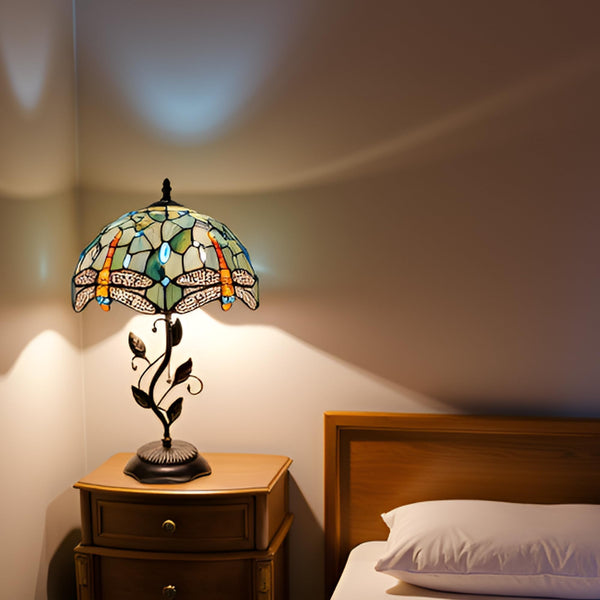 Tiffany Stained Glass Table Lamp with Metal Leaf Base