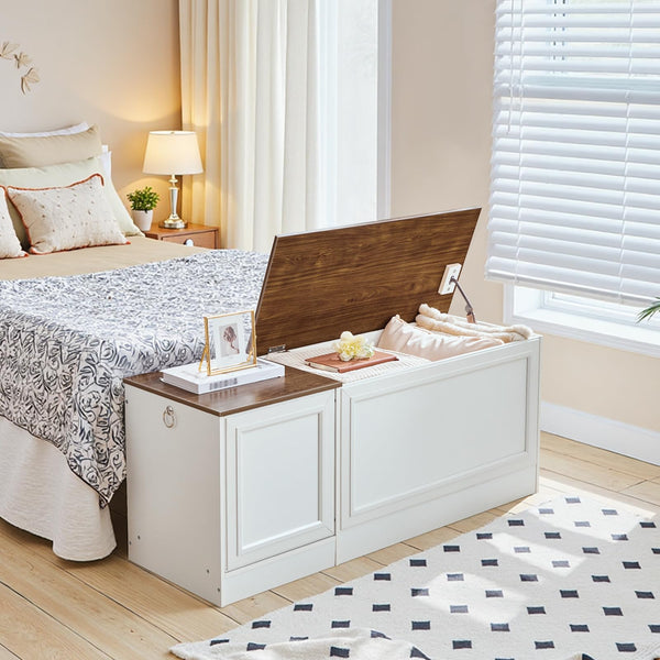 Storage Bench with Toy Box and Safety Hinge – White & Walnut, 47.2"