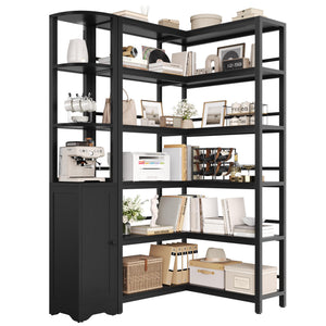 L-Shaped Corner Bookshelf with Cabinet, 6-Tier