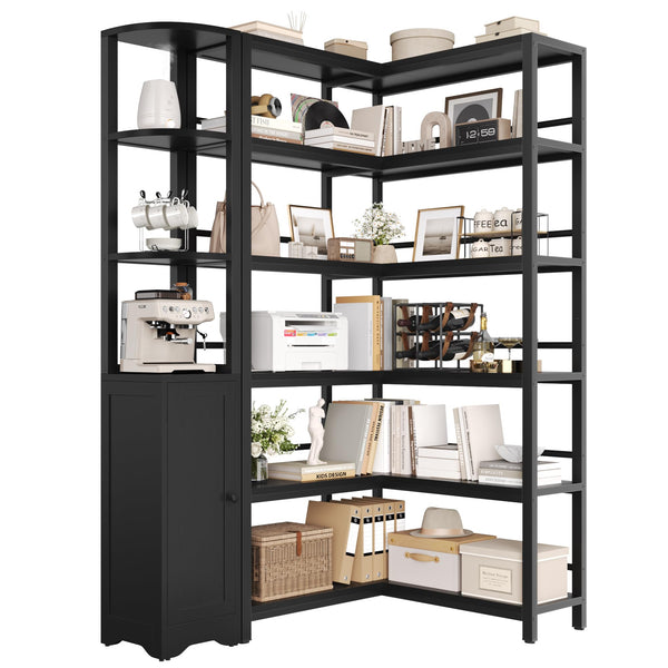 L-Shaped Corner Bookshelf with Cabinet, 6-Tier