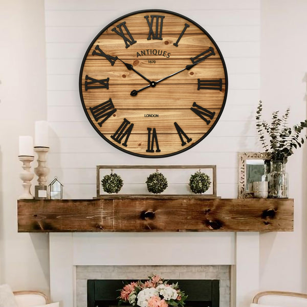 Farmhouse Wall Clock – Silent, Battery-Operated, Rustic Wood Finish
