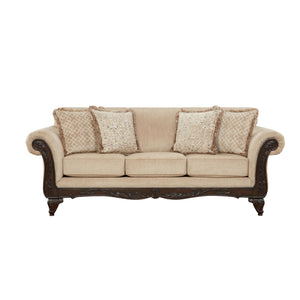3-Seat Chenille Sofa with Carved Wood Frame