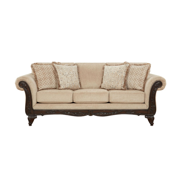 3-Seat Chenille Sofa with Carved Wood Frame