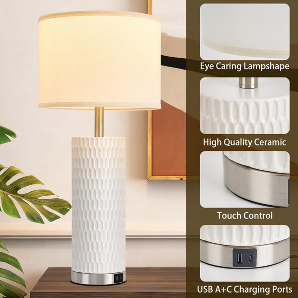 Ceramic Table Lamp with Touch Control & USB Charging Ports – Set of 2