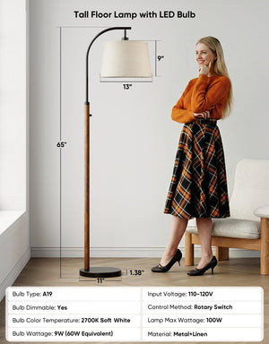 Dimmable Arc Floor Lamp with Linen Shade, 65" Tall