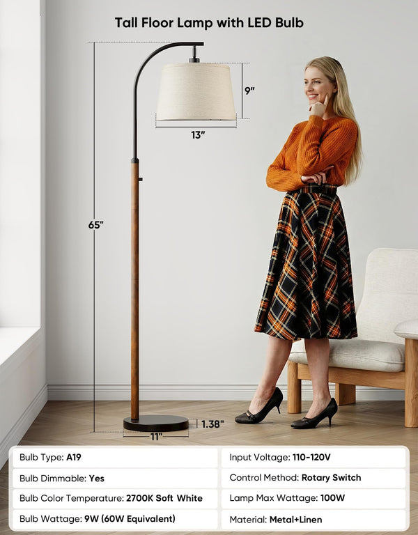Dimmable Arc Floor Lamp with Linen Shade, 65" Tall