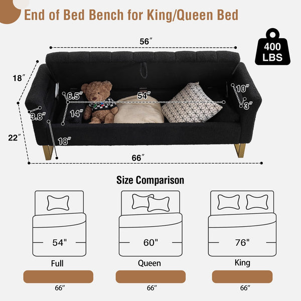 King Size Storage Bench with Arms, Boucle Fabric, Gold Legs, 2 Pillows