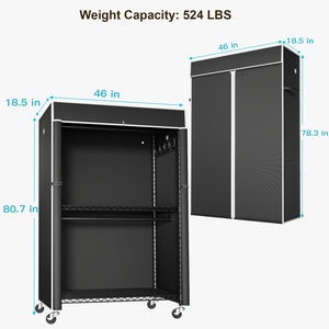 Covered Rolling Clothes Rack with Shelves & Hanger Rods