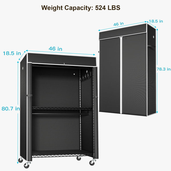Covered Rolling Clothes Rack with Shelves & Hanger Rods