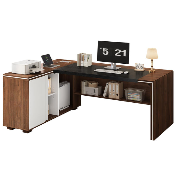 L-Shaped Executive Desk with Cabinet Storage, Bookshelf & CPU Stand