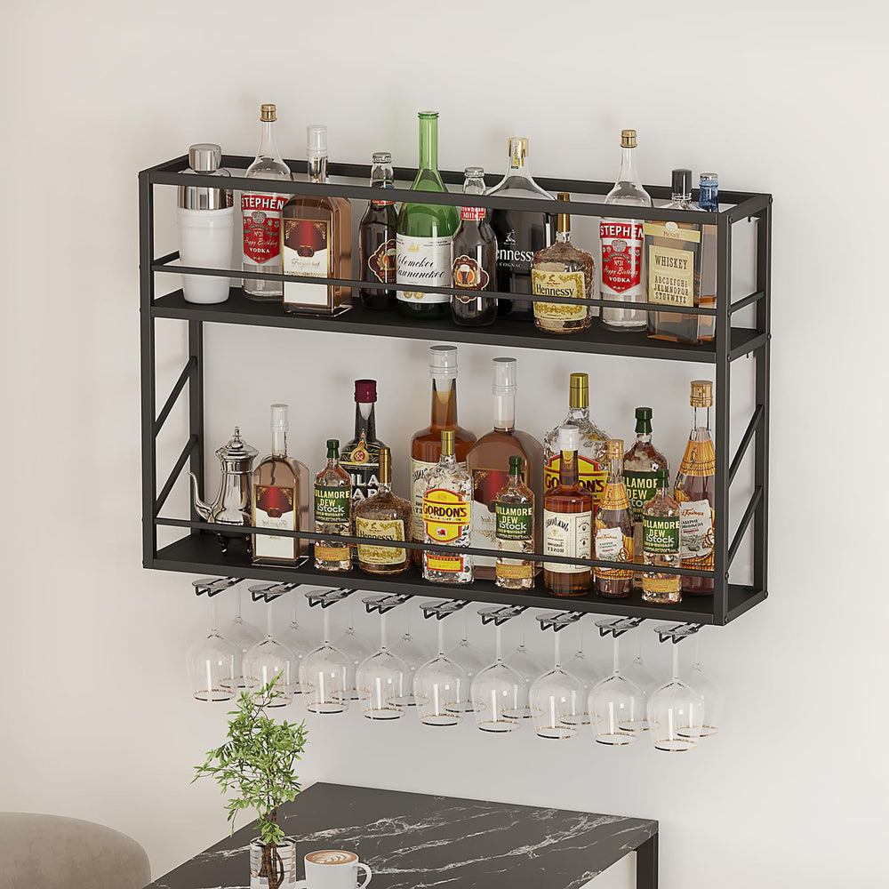 Wall Mounted 2-Tier Metal Wine Rack with Glass Holder