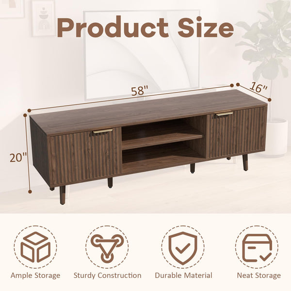 58" Fluted TV Stand with Adjustable Shelves & Cabinet Storage