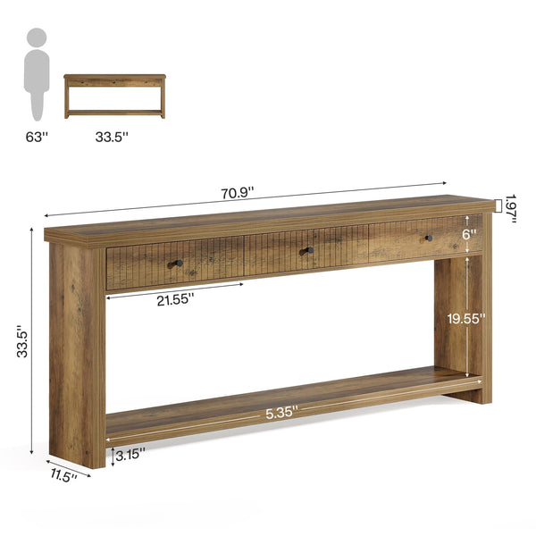 70.9" Extra Long Console Table with 3 Drawers & Open Shelves