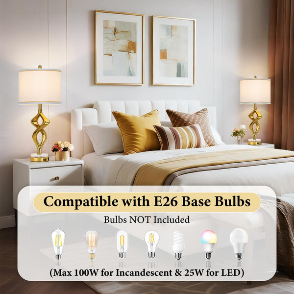 Sculptural Gold Table Lamps Set of 2 with USB Charging & Marble Base