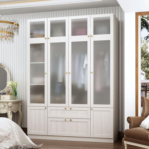 Wide Wardrobe Armoire with Frosted Glass Doors, Hanging Rods & Drawers