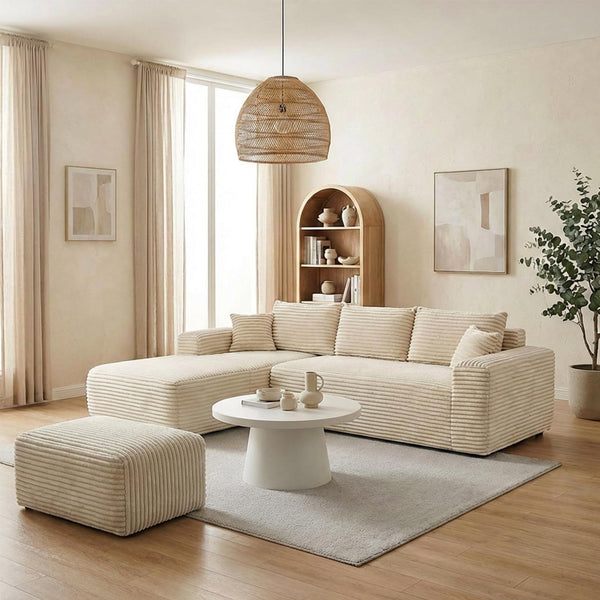 L-Shaped Sectional Sofa with Ottoman – Beige Plush