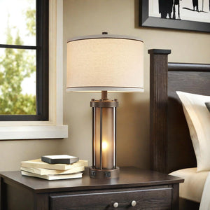Farmhouse Table Lamps Set of 2 with USB Charging Ports & Amber Glass Nightlight