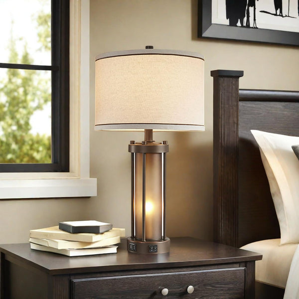 Farmhouse Table Lamps Set of 2 with USB Charging Ports & Amber Glass Nightlight