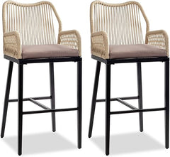 Outdoor Wicker Bar Stools Set of 2 with Cushions & Backrest