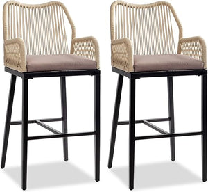 Outdoor Wicker Bar Stools Set of 2 with Cushions & Backrest