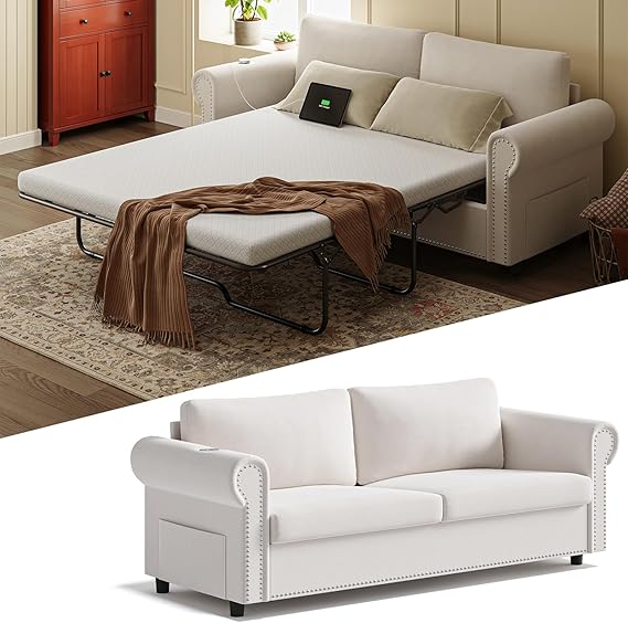 Queen Pull Out Sofa Bed with Memory Foam Mattress