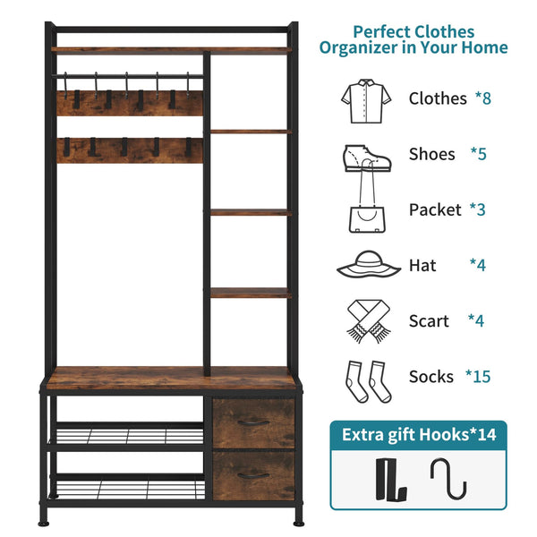 6-in-1 Hall Tree with Bench, Drawers & Shelves – Entryway Organizer