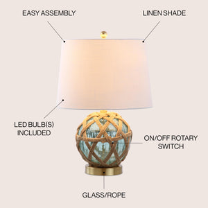 Aqua Glass & Rope Nautical Table Lamp with White Linen Drum Shade