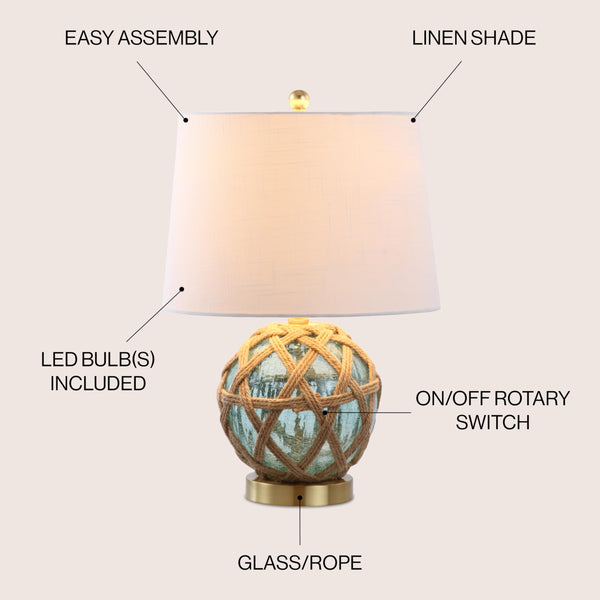 Aqua Glass & Rope Nautical Table Lamp with White Linen Drum Shade