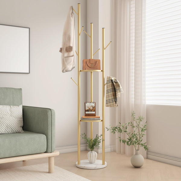 Gold Metal Coat Rack with Shelves & Marble Base
