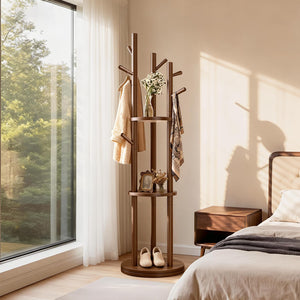 Rotating Solid Wood Coat Rack with 3 Shelves & 9 Hooks