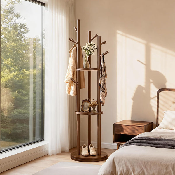 Rotating Solid Wood Coat Rack with 3 Shelves & 9 Hooks