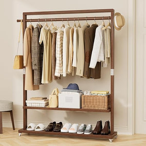 Solid Wood Freestanding Clothes Rack with Wheels
