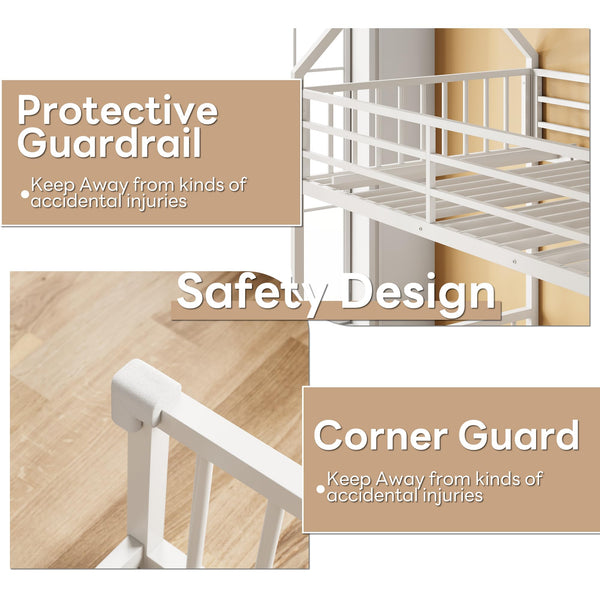 Twin Over Full House Bunk Bed – Metal Frame with Ladder & Guardrail