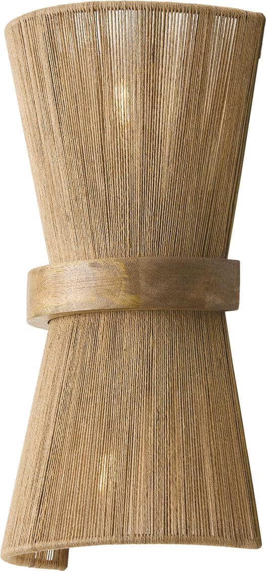 2-Light Mango Wood & Jute Rope Wall Sconce – Matte Brass