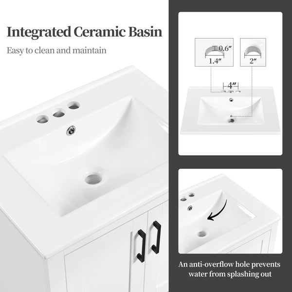 24.5" Freestanding Bathroom Vanity with Ceramic Sink, 2 Doors & Drawer – White