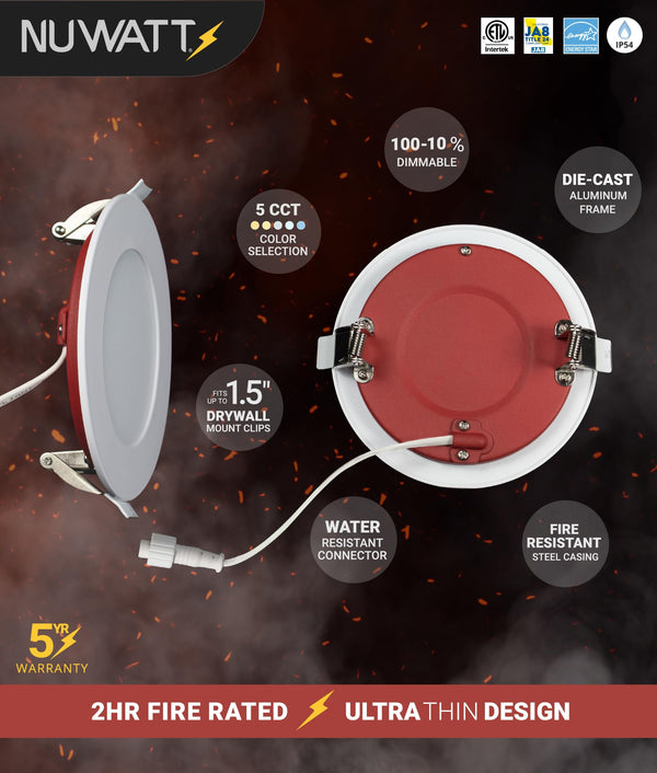 4 Inch Fire Rated LED Recessed Light – 12 Pack, 5 CCT Selectable, Dimmable, Canless Wafer Downlight
