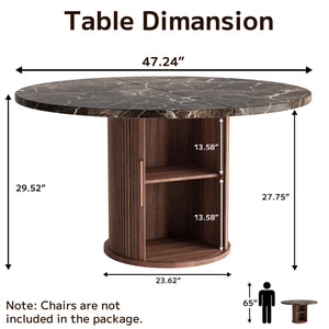 Round Dining Table 47 Inch with Storage Shelf & Marble Top